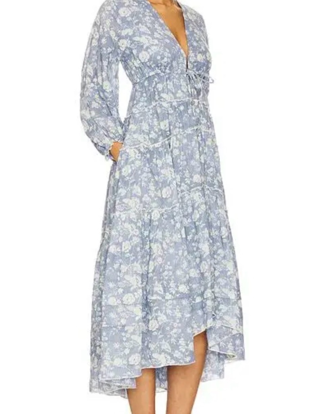 NWT-FREE PEOPLE Light Blue Floral High-Low Maxi Dress with V-Neck